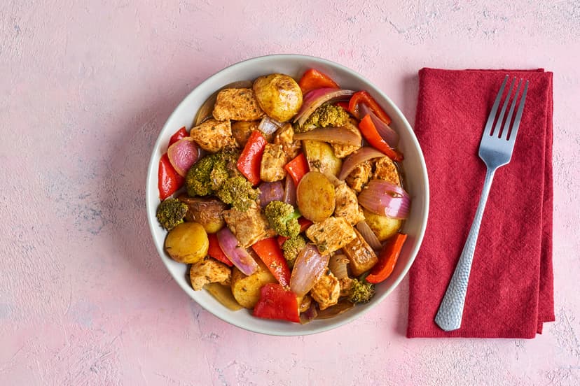 This paprika-powered traybake goes big on flavour and practically cooks itself. Think juicy chicken, golden baby potatoes and crispy-edged veg, all roasted with garlic, lime and a hint of thyme. So crank up the oven and dial down the stress!